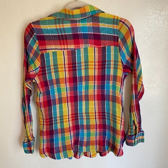 Soft Surroundings Gauzy Plaid Rainbow Oversized Button Down Shirt Petite Small - Picture 9 of 9